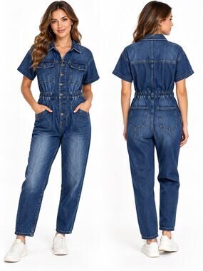 We The Free XS Denim Utility Jumpsuit Coveralls Short Sleeve Blue Button Front
